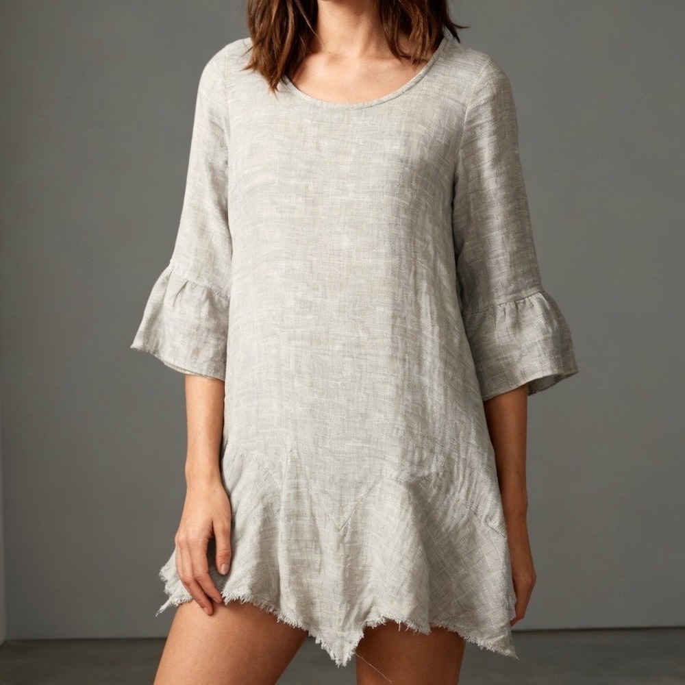 Yuvita 100% Linen Tunic Mini Dress Lagenlook Boho Coastal A-Line Bell Sleeve S